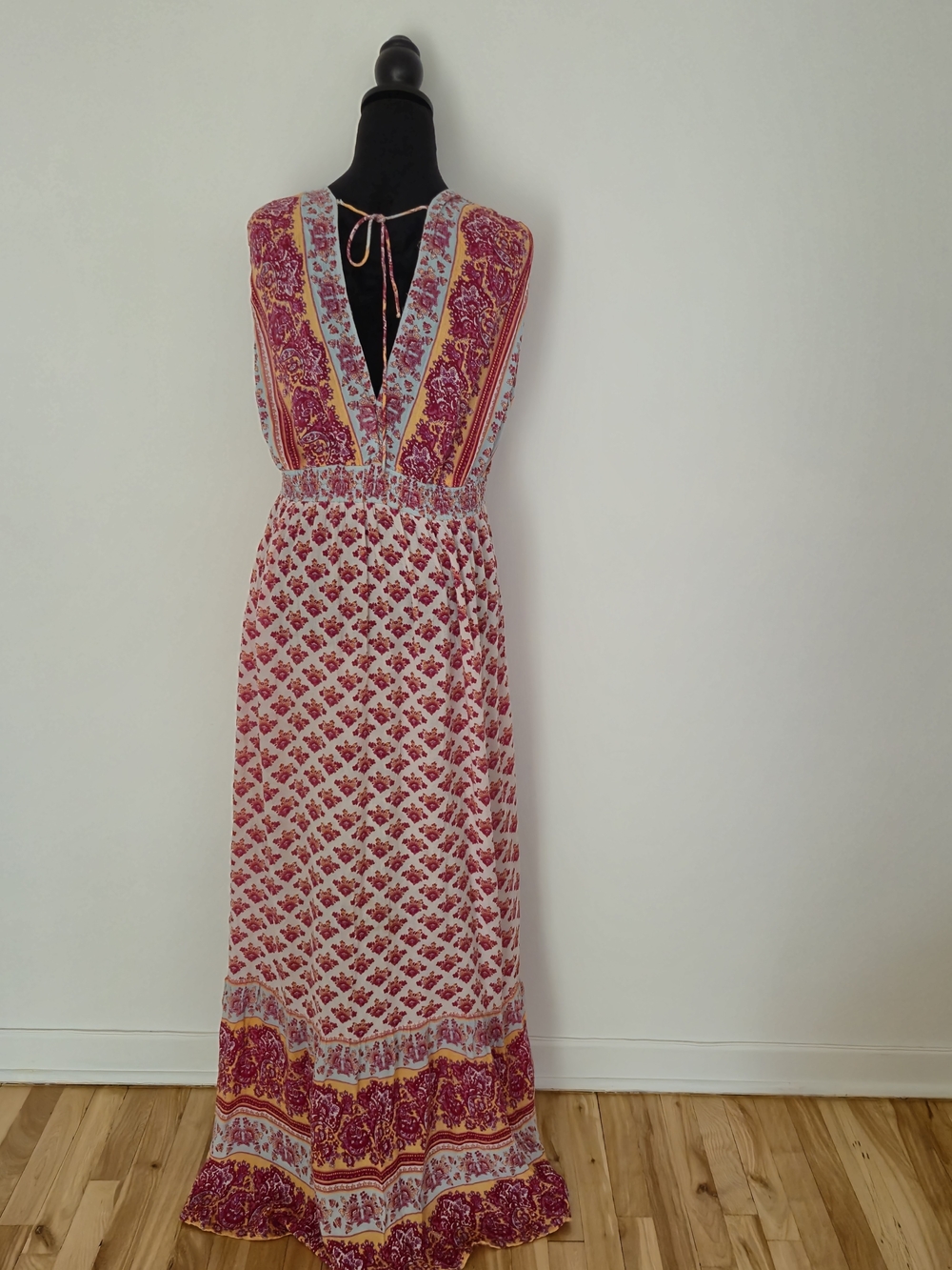 Boho Paisley Crinkle Maxi Dress Pink Yellow Casual Festival, Sun Dress - Picture 6 of 11